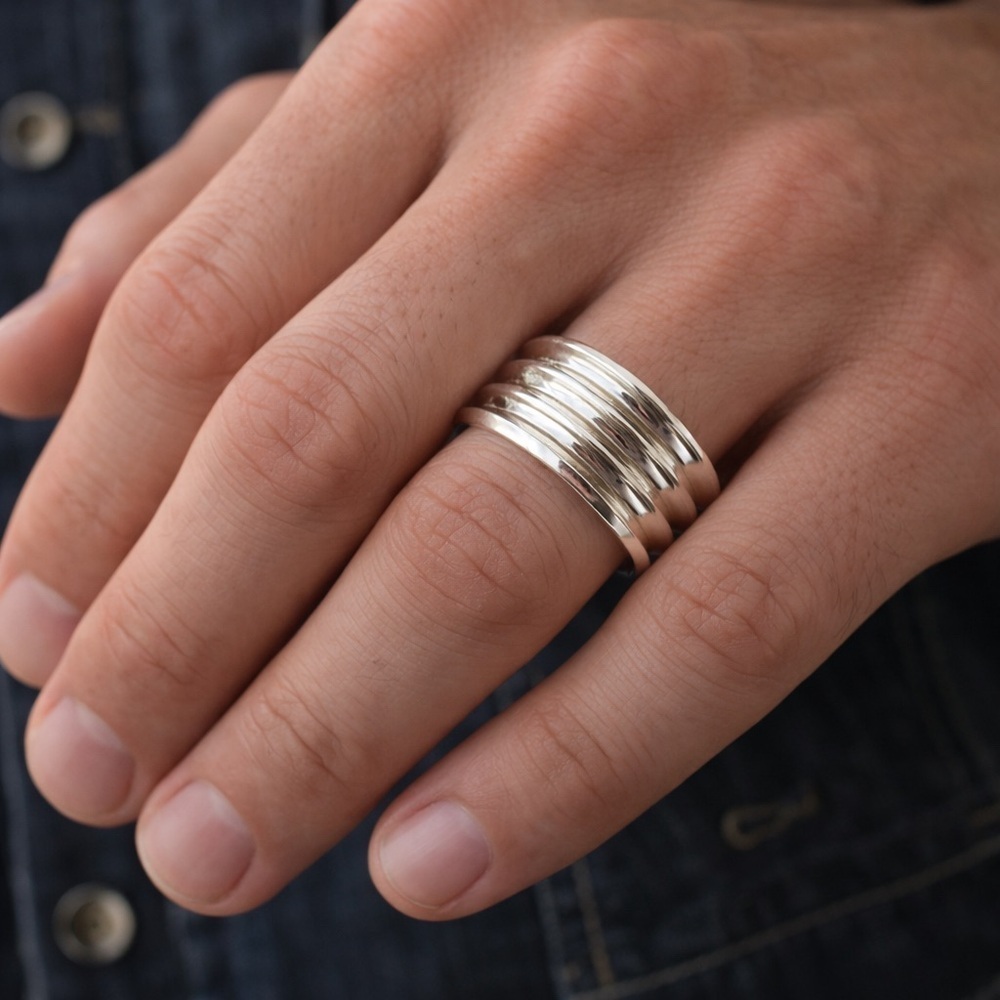 Men’s Sterling Silver Multi Band Open Cuff Ring Linear Pinstripe Cigar Band Ring